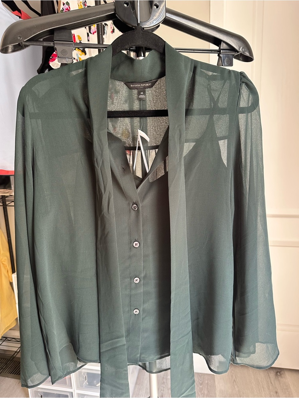 Banana Republic Dark Green Sheer Tie-Neck Dress Shirt